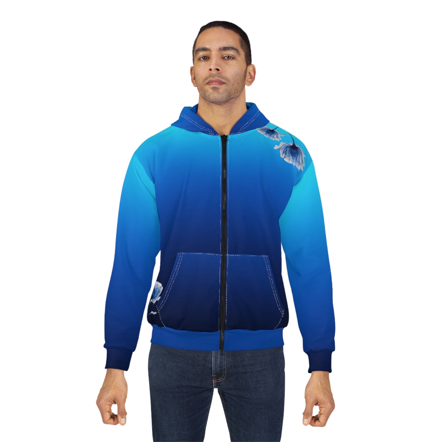 Blue Gradient Floral Zip Hoodie