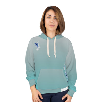 Aqua Gradient Hoodie with Blue Floral & Hummingbird Design