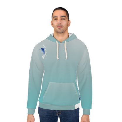 Aqua Gradient Hoodie with Blue Floral & Hummingbird Design