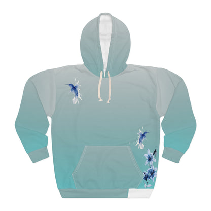 Aqua Gradient Hoodie with Blue Floral & Hummingbird Design